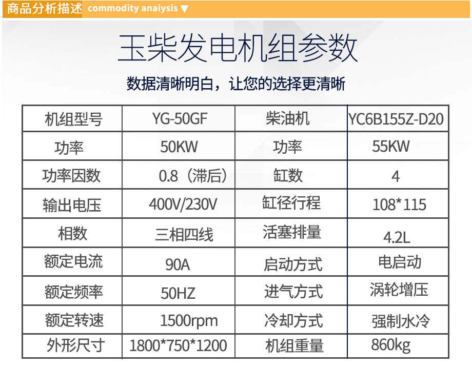 玉柴50kw柴油發電機組參數